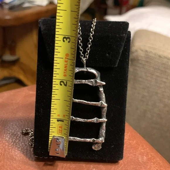 BRUTALIST MODERNIST RAW STEAMPUNK SILVERTONE PEWTER PENDANT AND CHAIN NECKLACE.